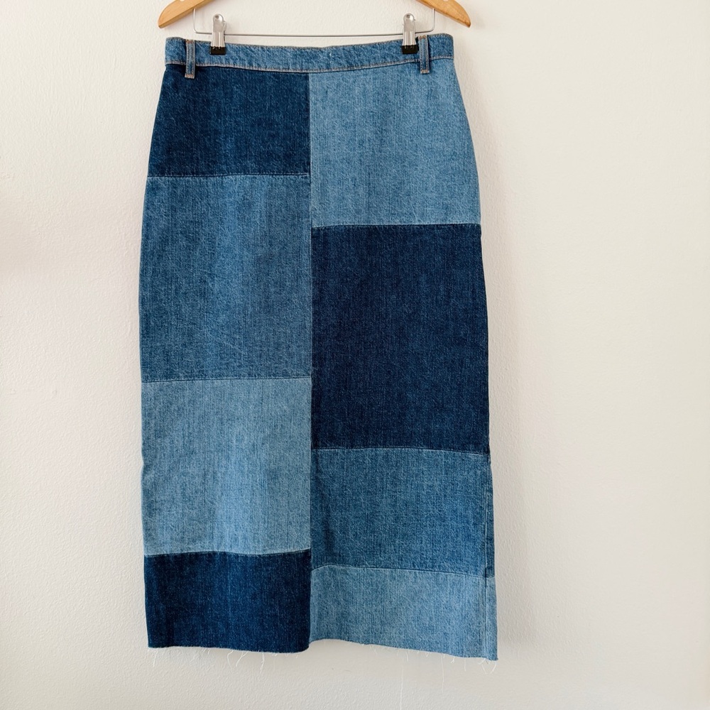 Zara Denim Patchwork Long Blue Skirt - Picture 6 of 7